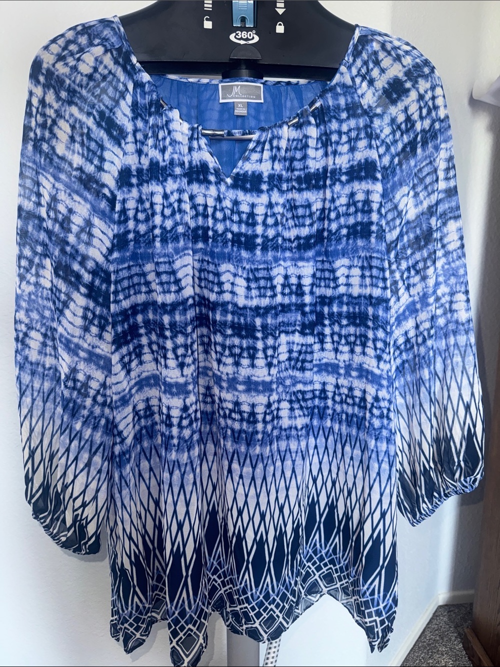 JM Collection Blue and White Tie-Dye Peasant Tunic